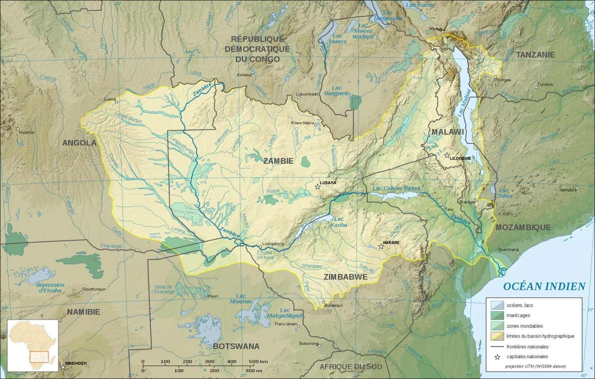 քարտեզ Զամբիայի ի ցույց տալով գետերի և լճերի